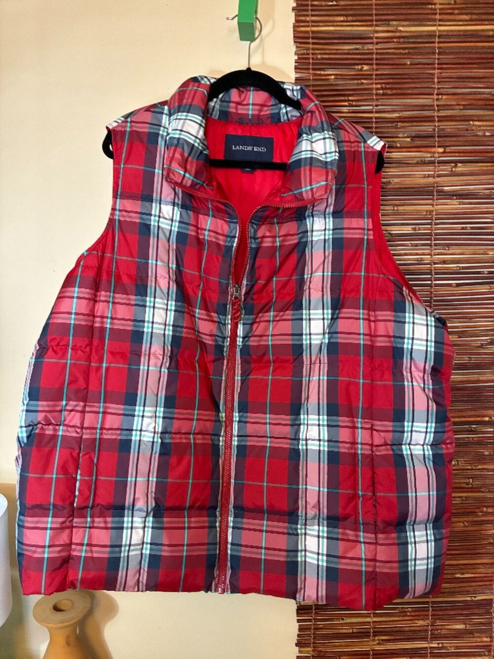 Lands' End Plaid Down Puffer Vest 3X Red Tartan Winter Cabincore Classic Preppy